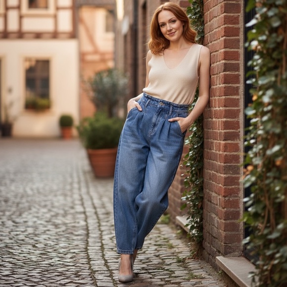 Zara Denim - ZARA Paperbag Waist Tapered Jeans | High‎ Rise Blue Denim | Women’s 4